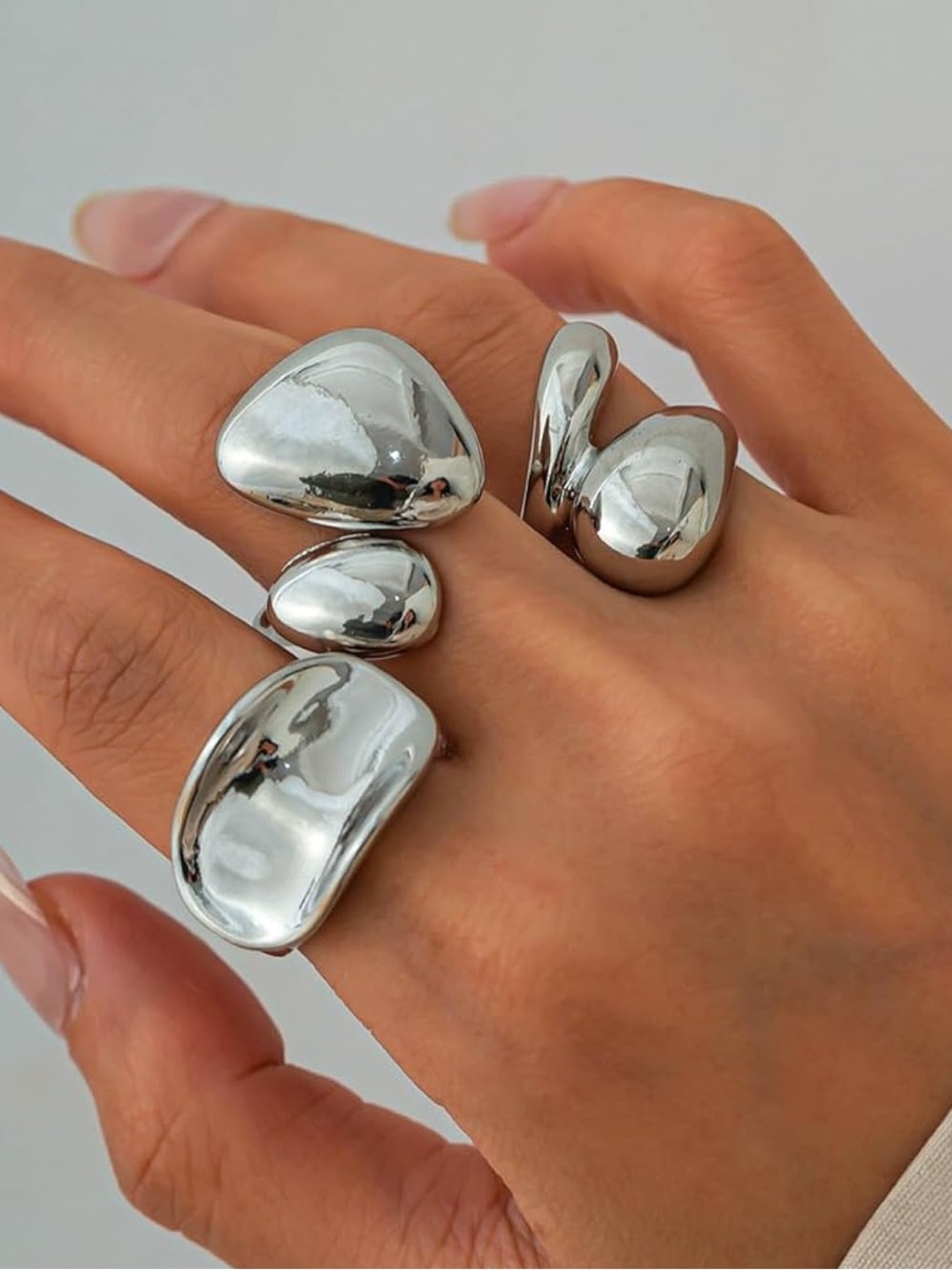 Silver Sculptural Statement Ring Set – Modern Chunky Abstract Rings